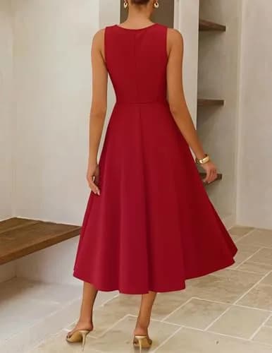 ZESICA Women's Sleeveless Flowy A Line Wedding Guest Midi Dress Red S | Elegant Summer Midi Dress thumbnail 5