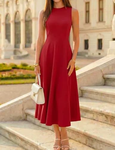 ZESICA Women's Sleeveless Flowy A Line Wedding Guest Midi Dress Red S | Elegant Summer Midi Dress thumbnail 6