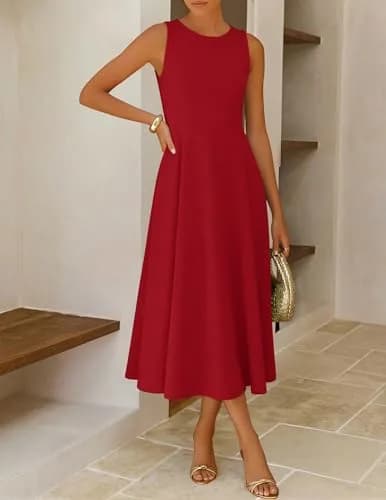 ZESICA Women's Sleeveless Flowy A Line Wedding Guest Midi Dress Red S | Elegant Summer Midi Dress thumbnail 7