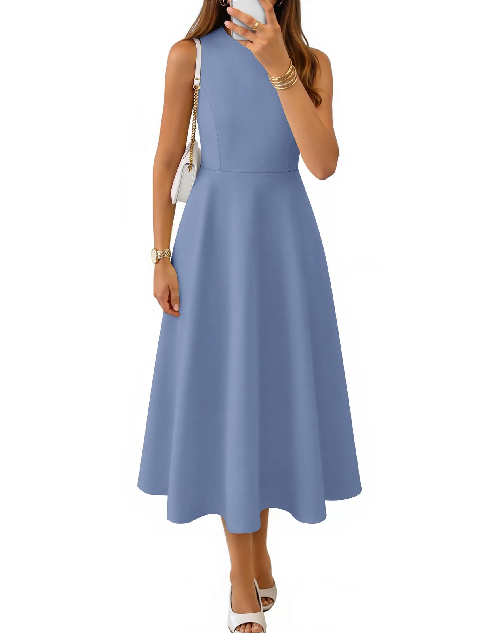 ZESICA Women's Sleeveless Flowy A Line Wedding Guest Midi Dress Dusty Blue | Elegant Summer Midi Dress for Women
