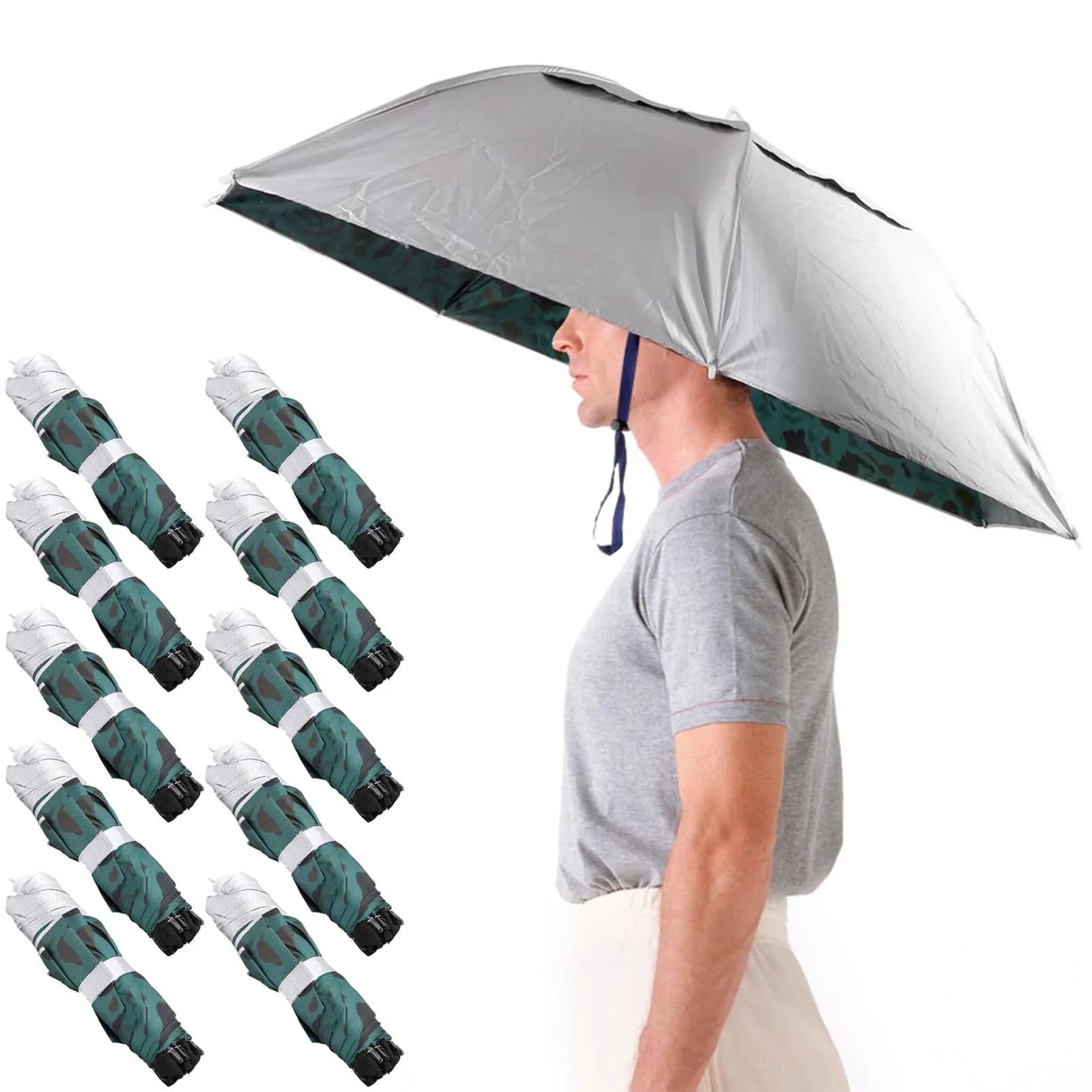Luwint 10-Pack Silver-Camouflage Umbrella Hat, 36" Hands-Free Sun & Rain Protection - main product image