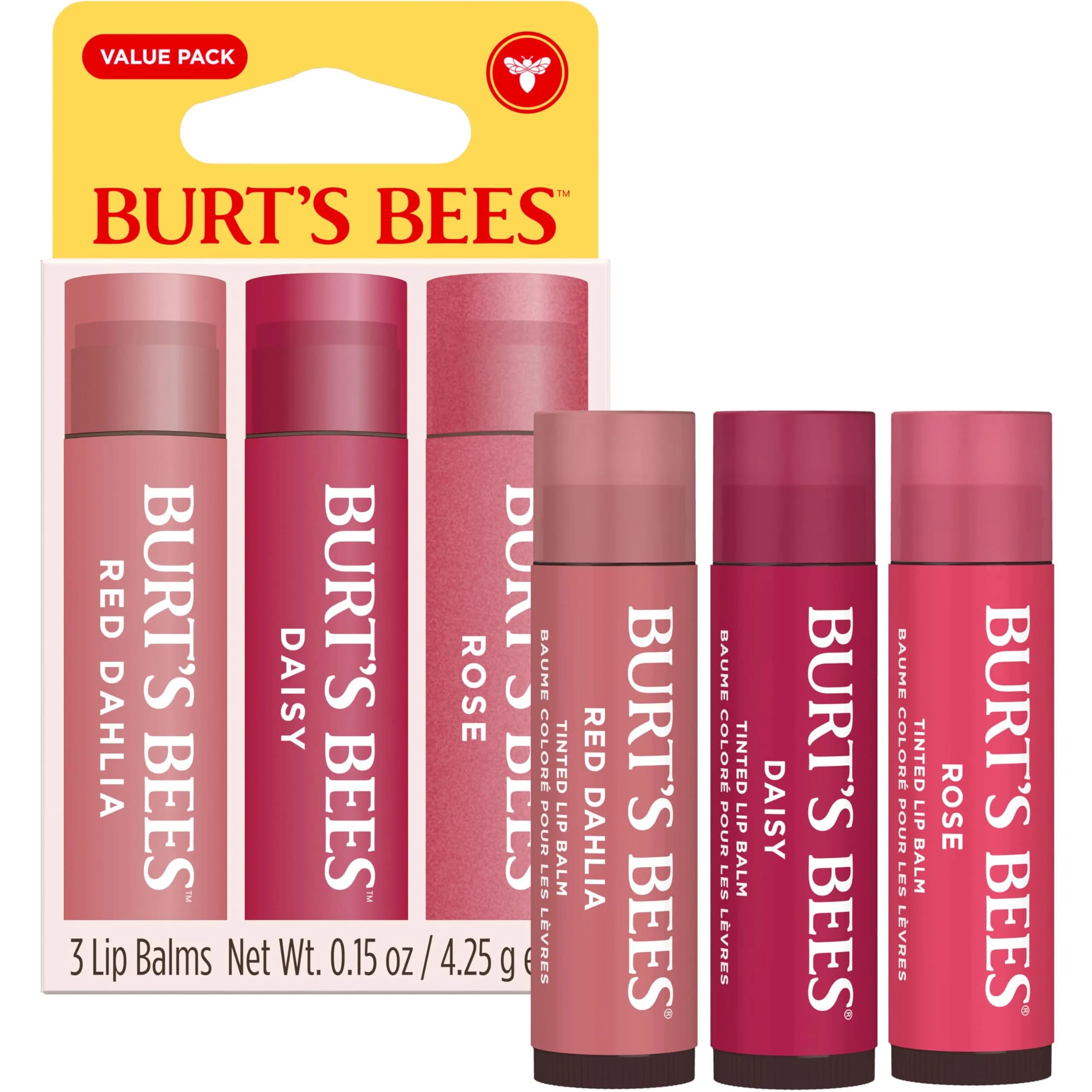 Burt's Bees Tinted Lip Balm Value Pack, Red Dahlia, Daisy & Rose, 0.45 oz (3 Tubes) | 8-Hour Moisture & Hint of Color - view 2
