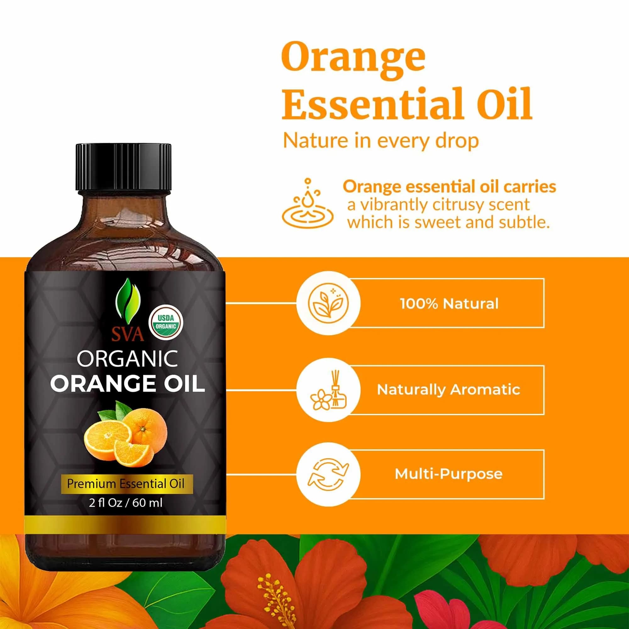 SVA Organics Orange Essential Oil 60 ml (2 Fl Oz) | Cold-Pressed, Pure & Natural - view 2