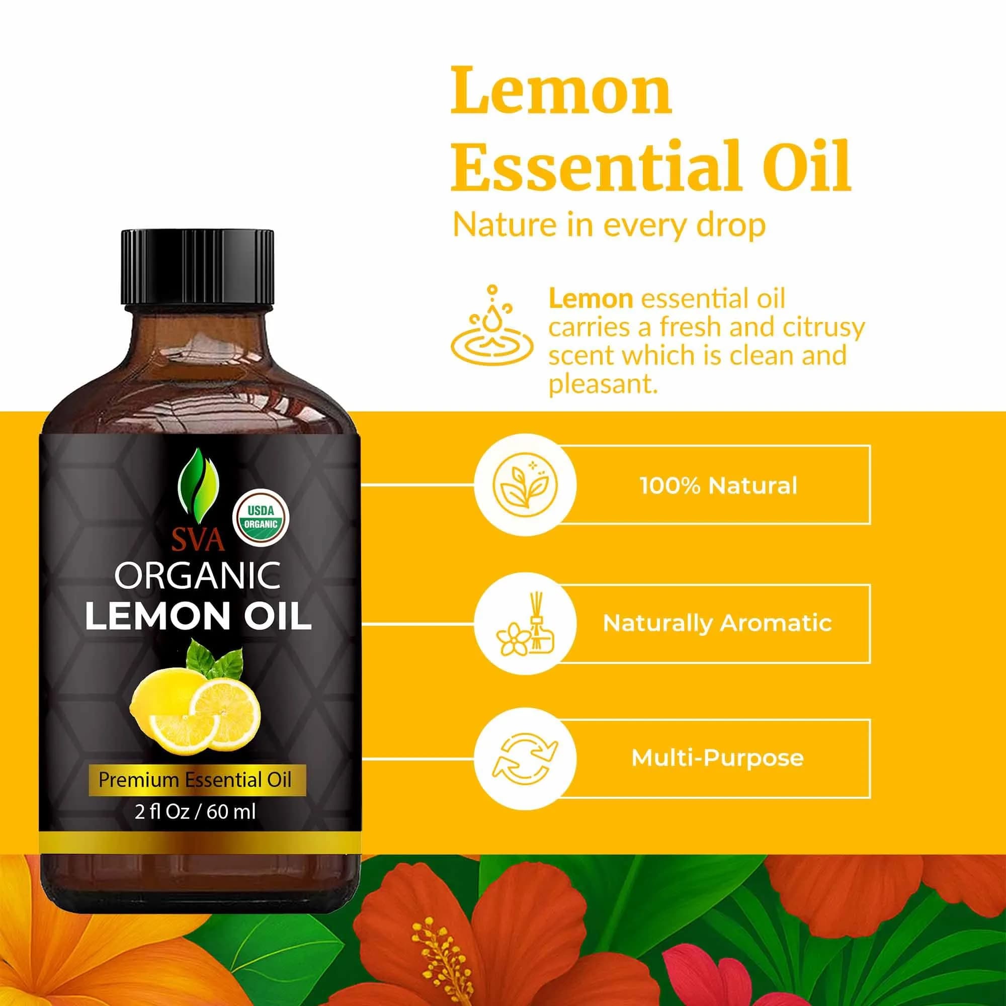 SVA ORGANICS Lemon Essential Oil 60 ml (2 Fl Oz) | Cold-Pressed Organic Oil for Aromatherapy & DIY - view 2