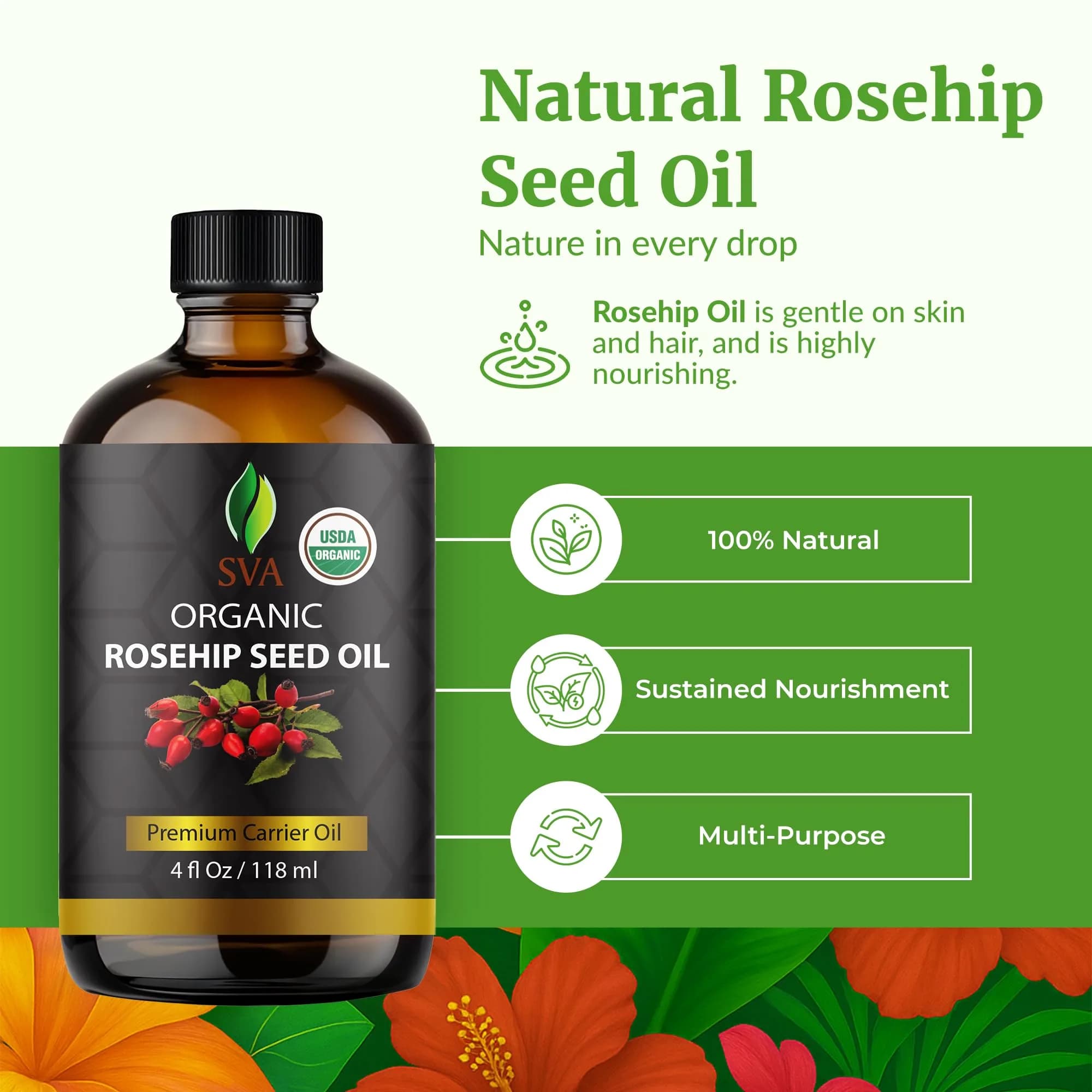 SVA Organics Rosehip Seed Oil 118 ml (4 Fl Oz) | Cold-Pressed Carrier Oil for Skin & Hair - view 2