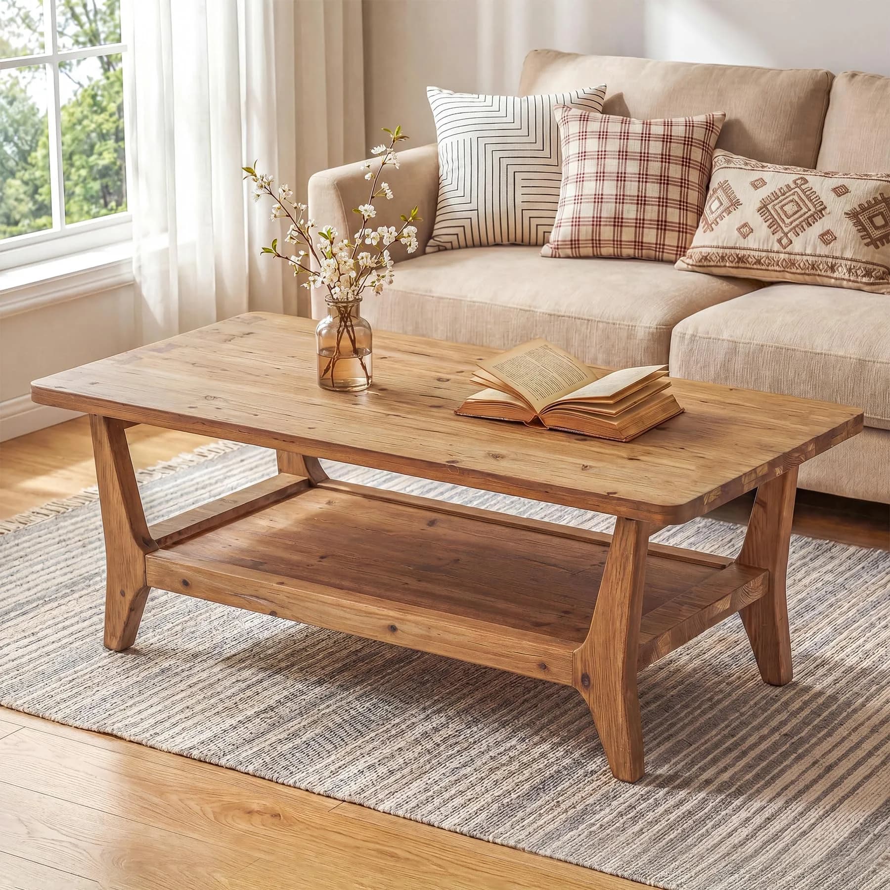 LITTLE TREE Solid Wood Coffee Table 47.2" x 23.6" | Rustic Orange-Brown Finish, 2-Tier