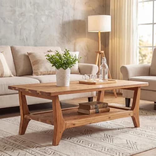LITTLE TREE Solid Wood Coffee Table 47.2" x 23.6" | Rustic Orange-Brown Finish, 2-Tier thumbnail 4