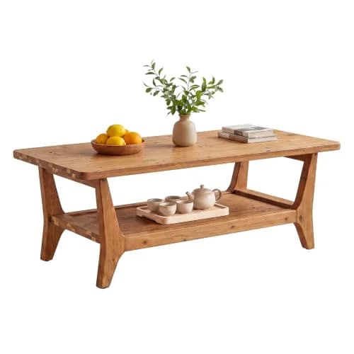 LITTLE TREE Solid Wood Coffee Table 47.2" x 23.6" | Rustic Orange-Brown Finish, 2-Tier thumbnail 5