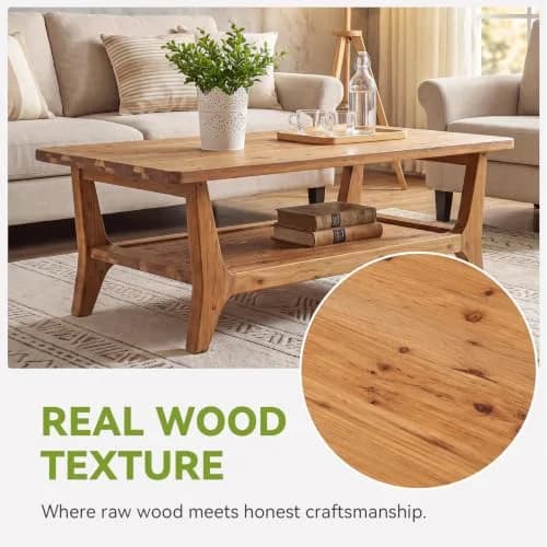 LITTLE TREE Solid Wood Coffee Table 47.2" x 23.6" | Rustic Orange-Brown Finish, 2-Tier thumbnail 2