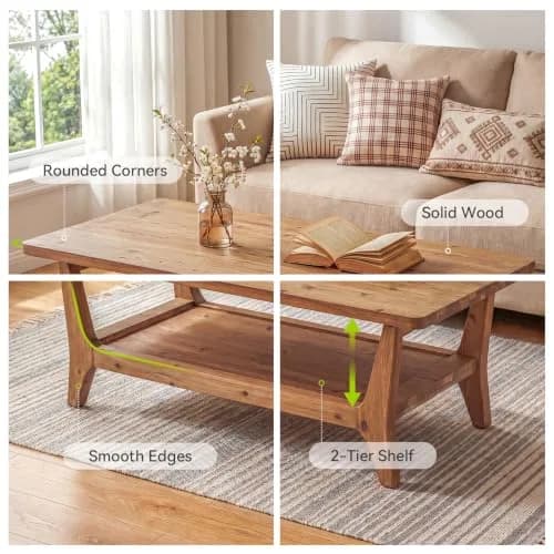 LITTLE TREE Solid Wood Coffee Table 47.2" x 23.6" | Rustic Orange-Brown Finish, 2-Tier thumbnail 3