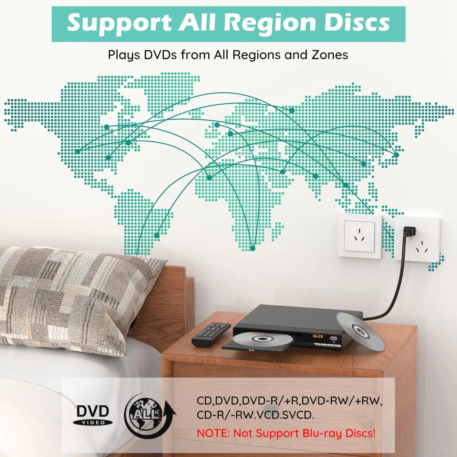 WSJSYH All-Region DVD Player with HDMI & USB | 1080P Upscaling, Region Free, Multi-Format Playback (1 Unit) - view 2