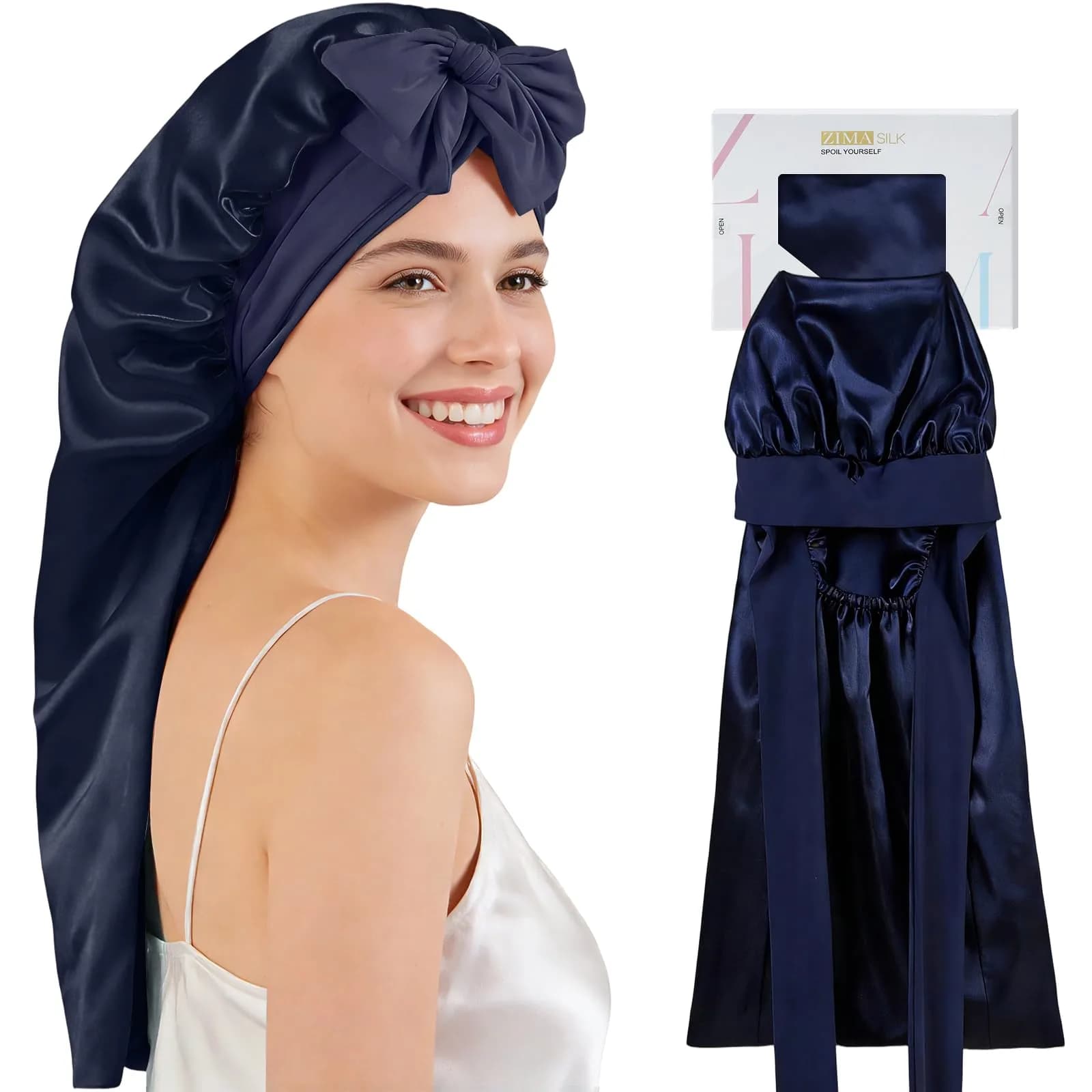 ZIMASILK Long Mulberry Silk Bonnet for Sleeping Women Navy Blue | OEKO-TEX Certified Hypoallergenic — Navy Blue