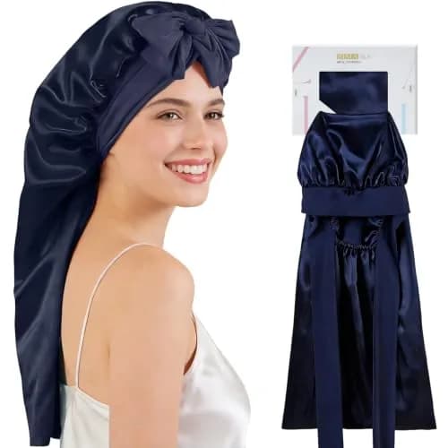 ZIMASILK Long Mulberry Silk Bonnet for Sleeping Women Navy Blue | OEKO-TEX Certified Hypoallergenic thumbnail 1