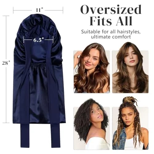 ZIMASILK Long Mulberry Silk Bonnet for Sleeping Women Navy Blue | OEKO-TEX Certified Hypoallergenic thumbnail 4