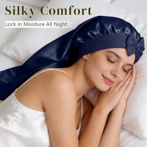 ZIMASILK Long Mulberry Silk Bonnet for Sleeping Women Navy Blue | OEKO-TEX Certified Hypoallergenic thumbnail 5