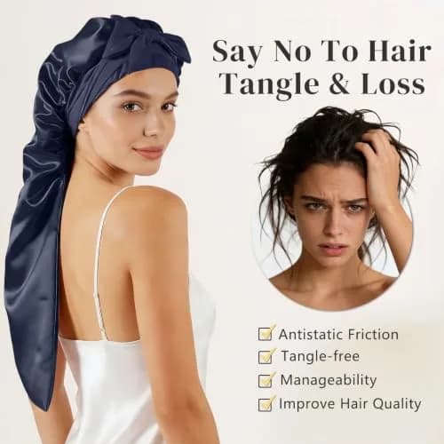 ZIMASILK Long Mulberry Silk Bonnet for Sleeping Women Navy Blue | OEKO-TEX Certified Hypoallergenic thumbnail 3
