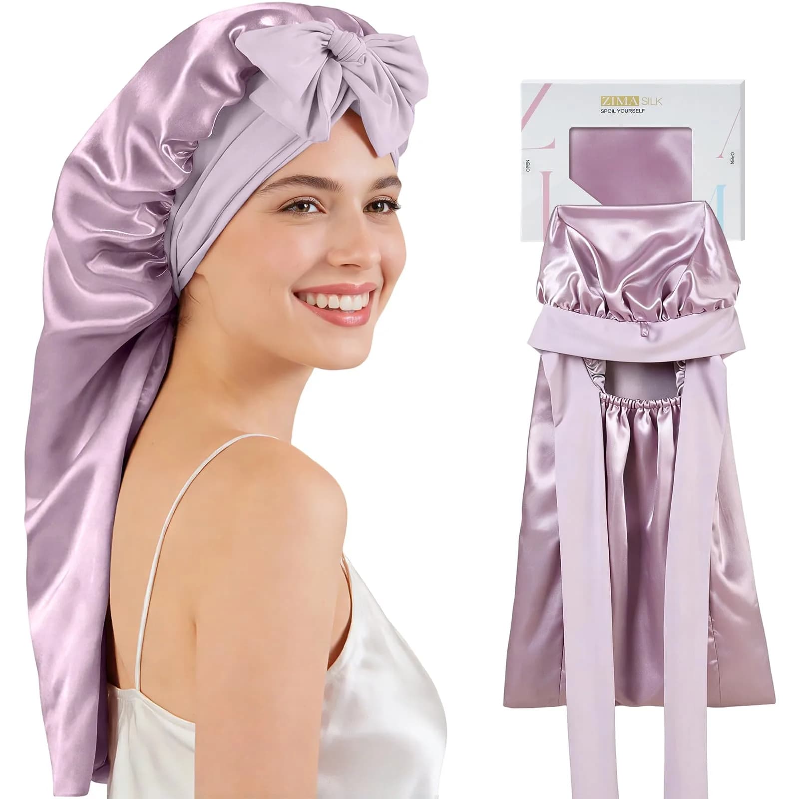 ZIMASILK Long Mulberry Silk Bonnet for Sleeping Women Purple | OEKO-TEX Certified, 19 Momme Grade 6A Silk — Purple