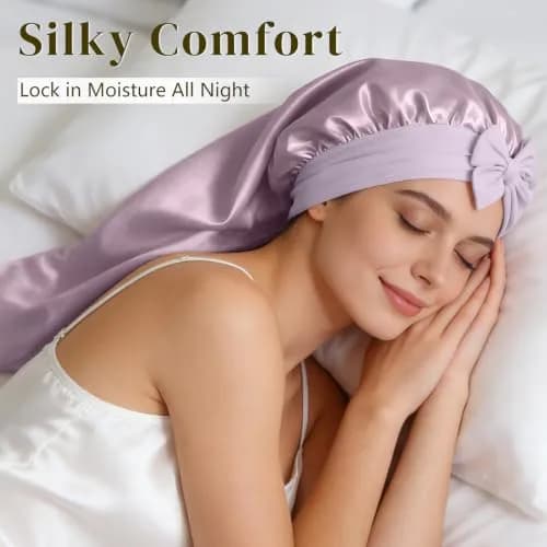 ZIMASILK Long Mulberry Silk Bonnet for Sleeping Women Purple | OEKO-TEX Certified, 19 Momme Grade 6A Silk thumbnail 5
