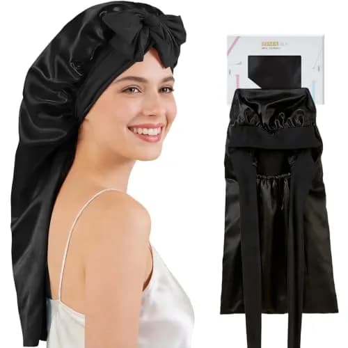 ZIMASILK Long Mulberry Silk Bonnet for Sleeping Women, Black | 19 Momme 100% Mulberry Silk, Extra-Long for Long Hair & Styles thumbnail 1