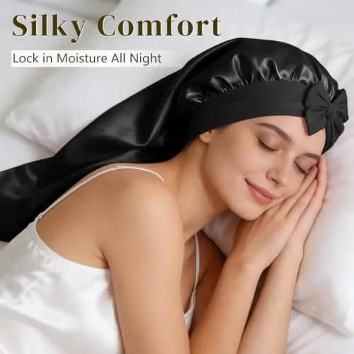 ZIMASILK Long Mulberry Silk Bonnet for Sleeping Women, Black | 19 Momme 100% Mulberry Silk, Extra-Long for Long Hair & Styles thumbnail 5