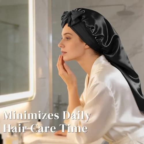 ZIMASILK Long Mulberry Silk Bonnet for Sleeping Women, Black | 19 Momme 100% Mulberry Silk, Extra-Long for Long Hair & Styles thumbnail 6