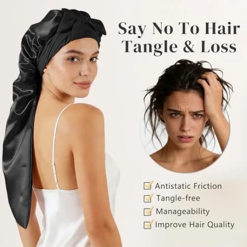 ZIMASILK Long Mulberry Silk Bonnet for Sleeping Women, Black | 19 Momme 100% Mulberry Silk, Extra-Long for Long Hair & Styles thumbnail 3