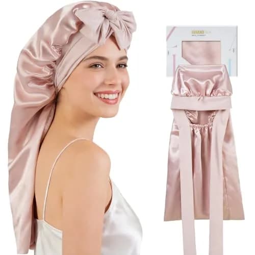 ZIMASILK Long Mulberry Silk Bonnet for Sleeping Women, Pink | 19 Momme 100% Mulberry Silk, Hypoallergenic & Durable thumbnail 1