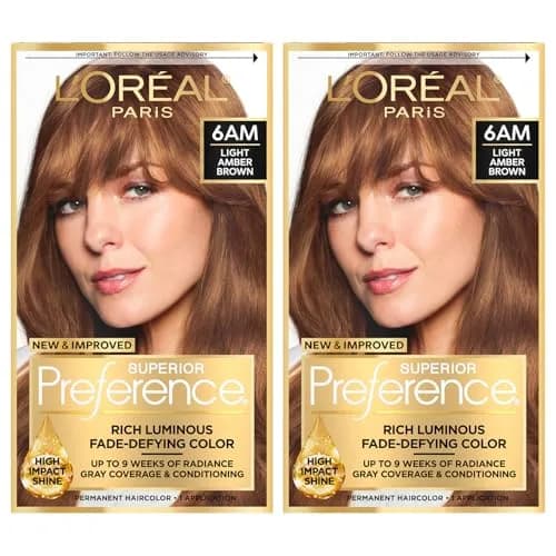 L'Oreal Paris Superior Preference Permanent Hair Color 6AM Light Amber Brown, 2 Kits (Pack of 2) | Fade-Defying Color with Gray Coverage thumbnail 1