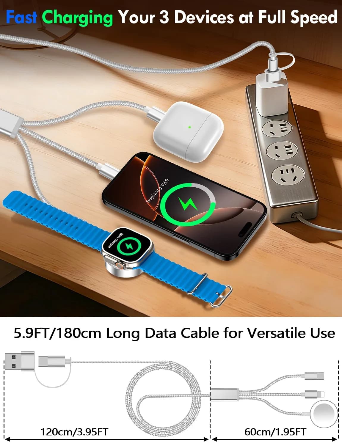 xiwxi 3-in-2 Multi Charging Cable (USB-C/Lightning/Magnetic) 1.8M | Travel Essentials for Apple Devices - view 6