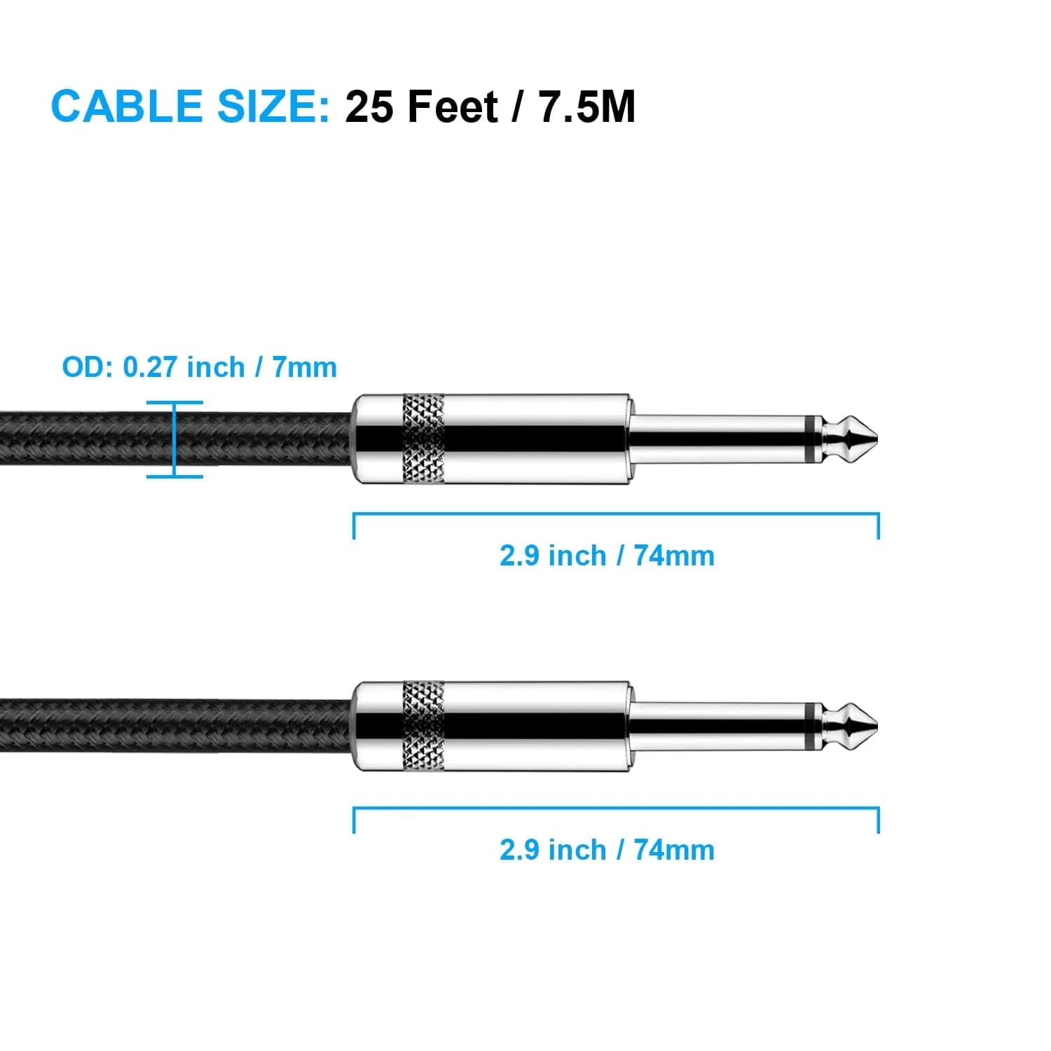 New Bee 25ft (7.62m) Instrument Cable | Low Noise High Fidelity Oxygen-Free Copper Shielded Cord - view 2