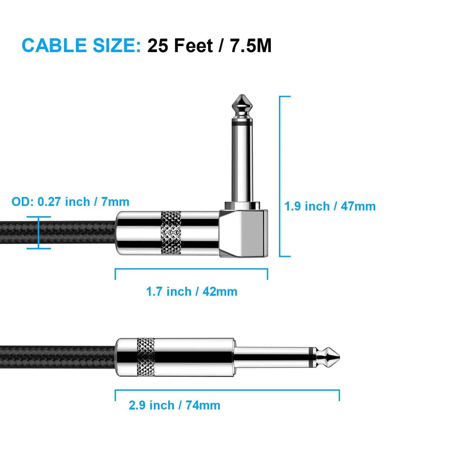 New Bee 25ft Black Guitar Cable with Right Angle Connector | Low Noise, High Fidelity - view 2