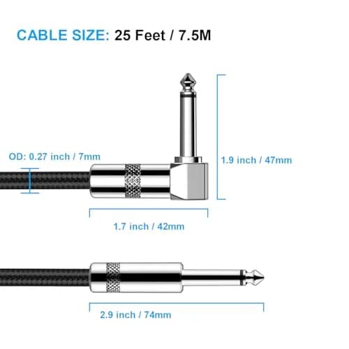 New Bee 25ft Black Guitar Cable with Right Angle Connector | Low Noise, High Fidelity thumbnail 2