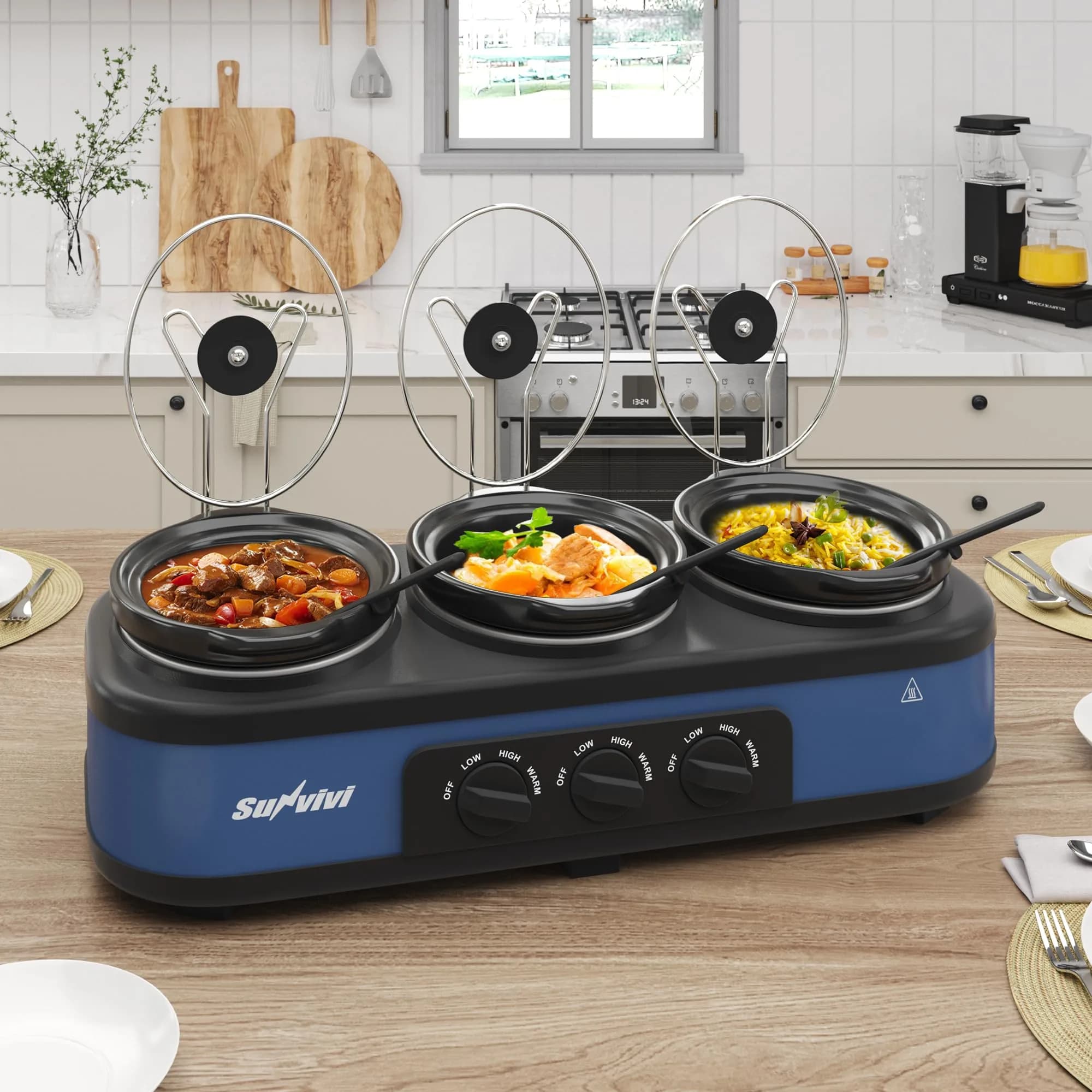 SUNVIVI Triple Slow Cooker, Buffet Server & Warmer with 3 Removable Ceramic Pots, 4.5 Quarts | 3 Adjustable Temp Settings, Stainless Steel, Blue - main product image