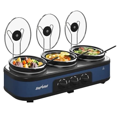 SUNVIVI Triple Slow Cooker, Buffet Server & Warmer with 3 Removable Ceramic Pots, 4.5 Quarts | 3 Adjustable Temp Settings, Stainless Steel, Blue thumbnail 8