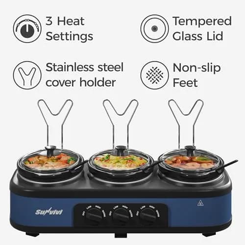 SUNVIVI Triple Slow Cooker, Buffet Server & Warmer with 3 Removable Ceramic Pots, 4.5 Quarts | 3 Adjustable Temp Settings, Stainless Steel, Blue thumbnail 2