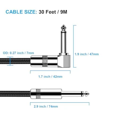 New Bee 30ft Black Right Angle Guitar Cable - Low Noise, High Fidelity for Electric Instruments thumbnail 2