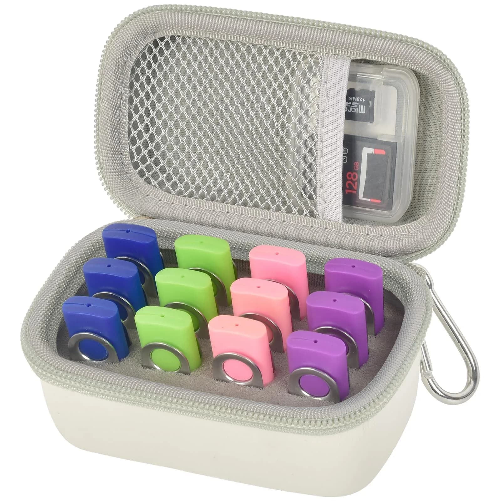 Comecase 12-Slot USB Flash Drive Case with SD Card Pocket & Carabiner | Hard EVA Shell for Data Protection - main product image