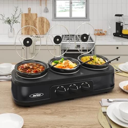 Sunvivi Triple Slow Cooker, Buffet Server & Warmer with 3 Removable Ceramic Pots, 4.5 Quarts | Versatile Multi-Task Kitchen Appliance thumbnail 1