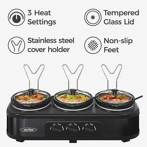 Sunvivi Triple Slow Cooker, Buffet Server & Warmer with 3 Removable Ceramic Pots, 4.5 Quarts | Versatile Multi-Task Kitchen Appliance thumbnail 2