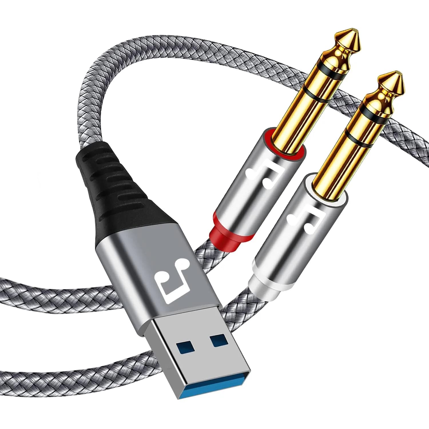 NCGGY USB to Dual 6.35mm TS Mono Audio Cable 1.83m (6 Feet) | Connect PC to Amplifiers & Speakers — Grey