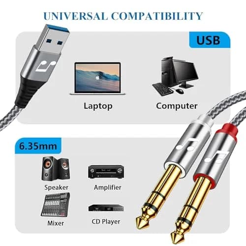 NCGGY USB to Dual 6.35mm TS Mono Audio Cable 1.83m (6 Feet) | Connect PC to Amplifiers & Speakers thumbnail 2