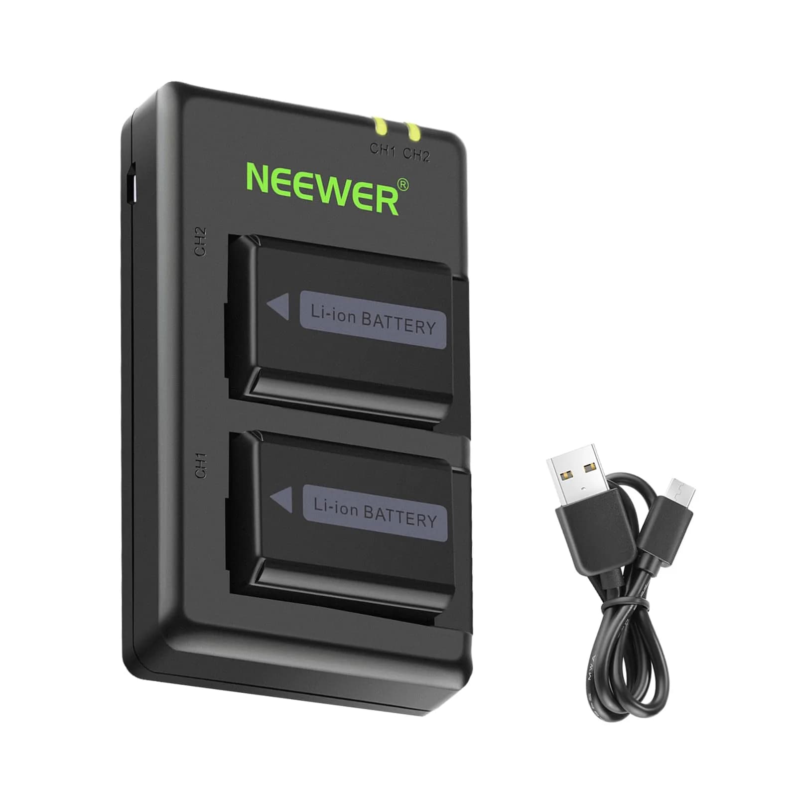 NEEWER Camera Battery Charger Set for Sony NP-FW50 ZV-E10 A7 Series, 2x1100mAh Batteries & Dual USB Charger — Black