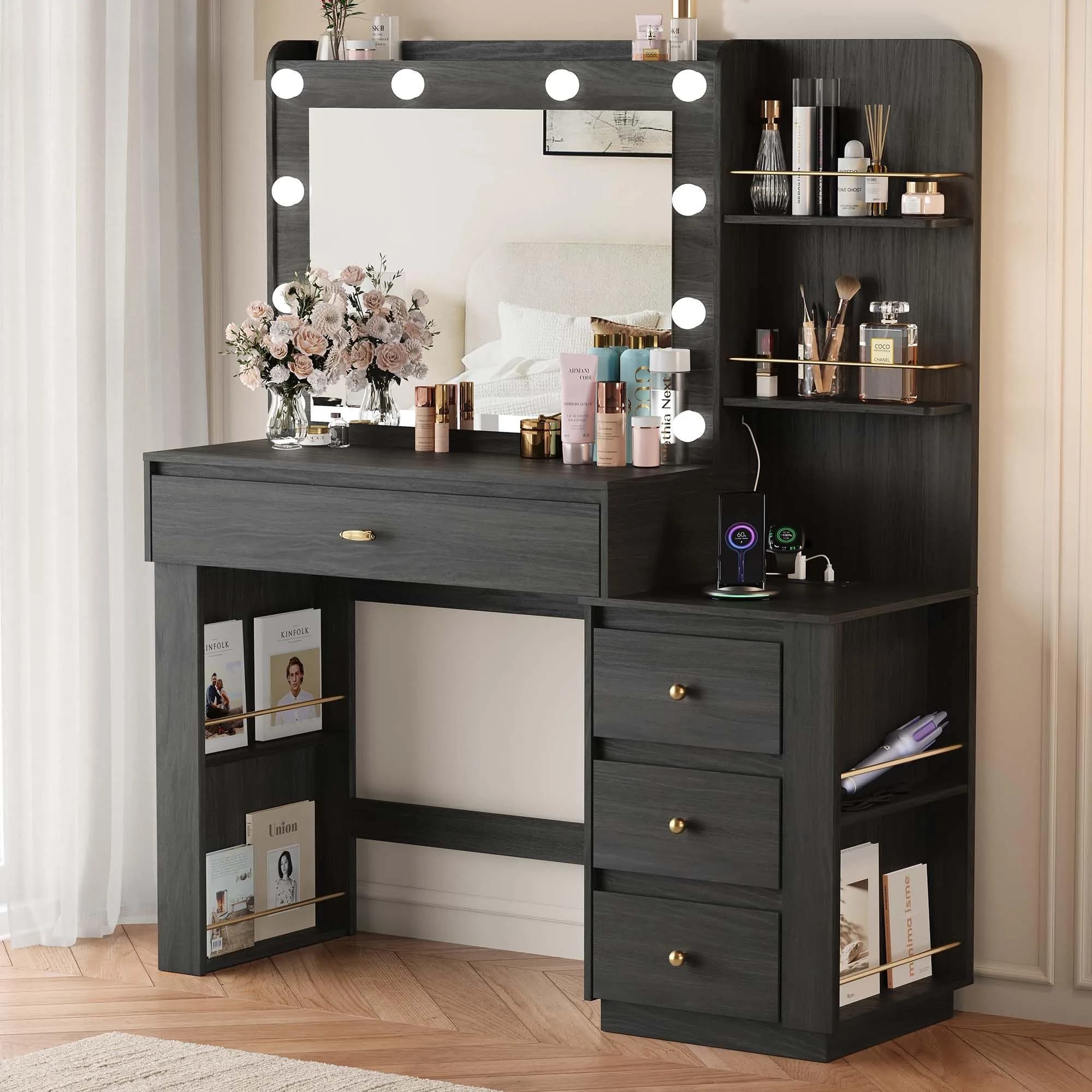 nesture. Makeup Vanity Desk with 3 Colors Lights & Mirror | Large Dressing Table with 10 LED Bulbs & Storage (Black) - main product image