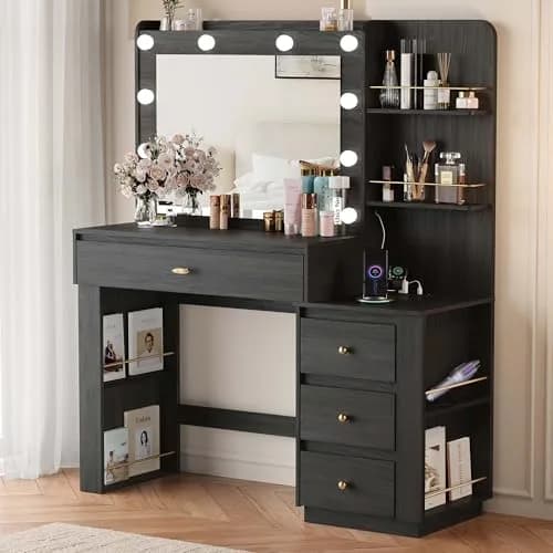 nesture. Makeup Vanity Desk with 3 Colors Lights & Mirror | Large Dressing Table with 10 LED Bulbs & Storage (Black) thumbnail 1