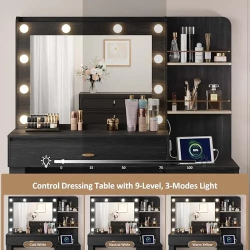 nesture. Makeup Vanity Desk with 3 Colors Lights & Mirror | Large Dressing Table with 10 LED Bulbs & Storage (Black) thumbnail 4