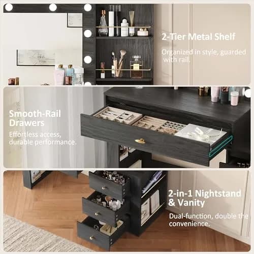 nesture. Makeup Vanity Desk with 3 Colors Lights & Mirror | Large Dressing Table with 10 LED Bulbs & Storage (Black) thumbnail 6