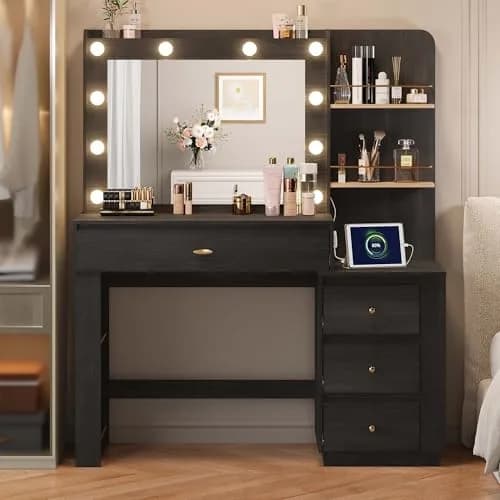 nesture. Makeup Vanity Desk with 3 Colors Lights & Mirror | Large Dressing Table with 10 LED Bulbs & Storage (Black) thumbnail 7