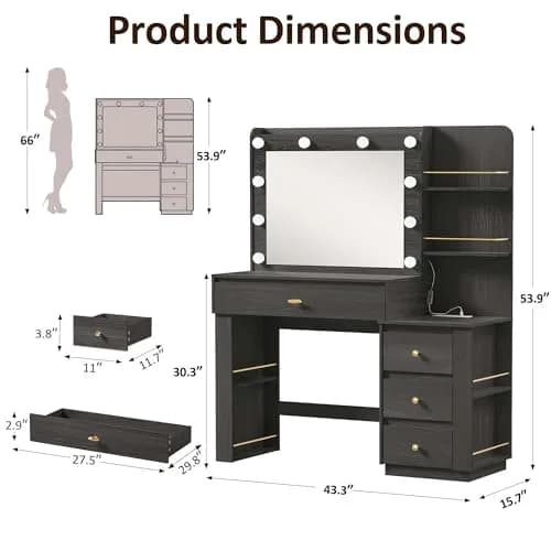 nesture. Makeup Vanity Desk with 3 Colors Lights & Mirror | Large Dressing Table with 10 LED Bulbs & Storage (Black) thumbnail 2
