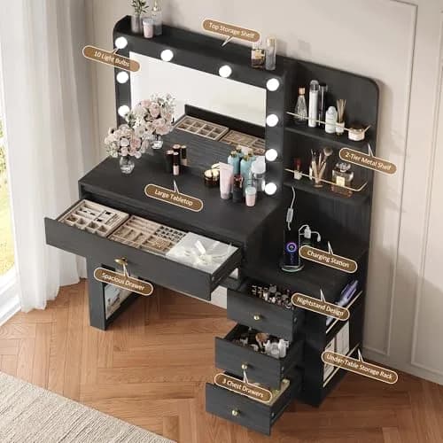 nesture. Makeup Vanity Desk with 3 Colors Lights & Mirror | Large Dressing Table with 10 LED Bulbs & Storage (Black) thumbnail 3