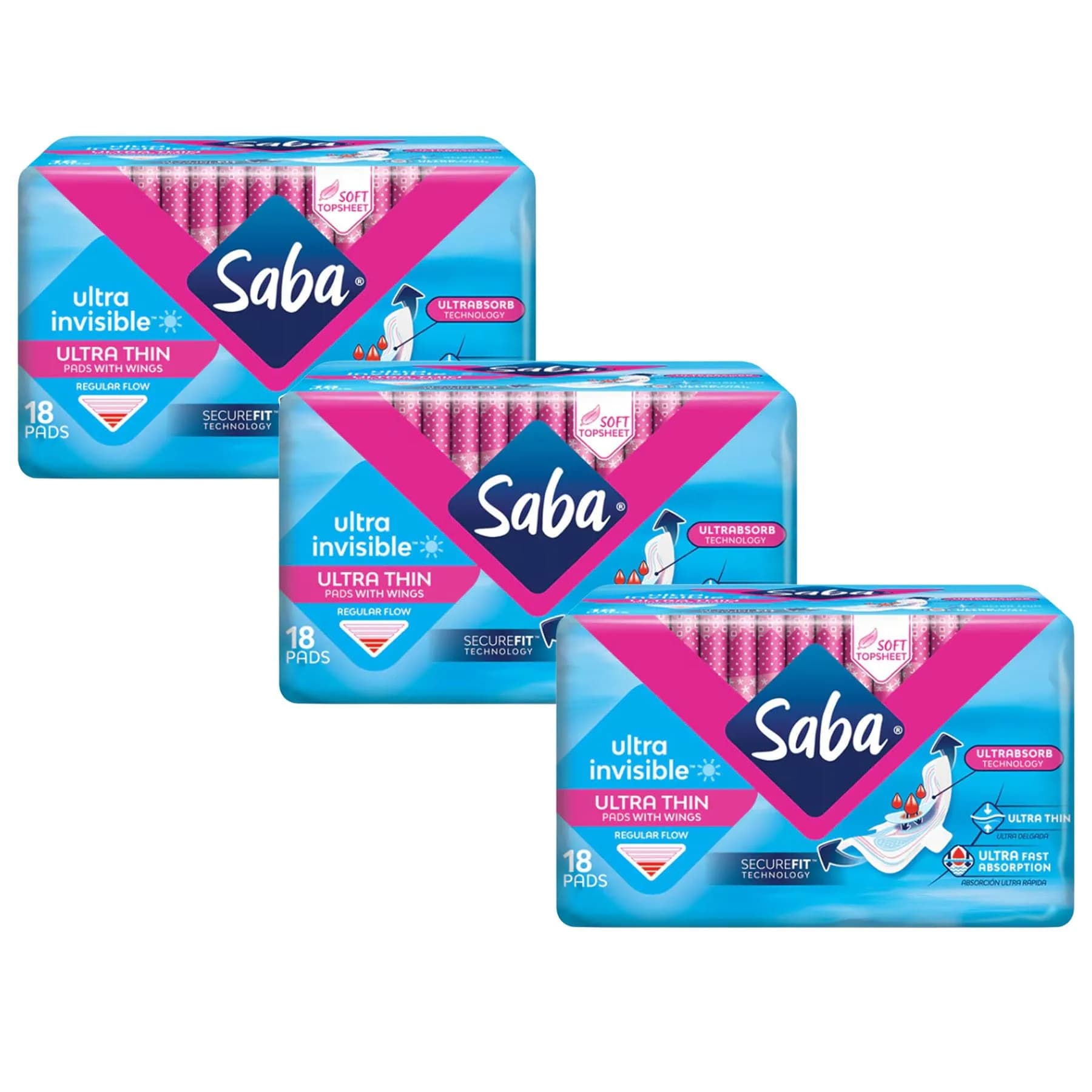 Saba Ultra Invisible Regular Pads with Wings, 54 Count | Ultra Thin, Hypoallergenic, SecureFit for Women — Pad
